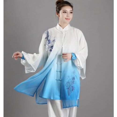 Embroidery Flower Blue Chinese Traditional Kung Fu Uniform 3 PCS Tai Chi Suit Morning Exercise Wushu Clothing Martial Arts Sets