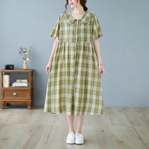 Japan Style Peter pan Collar Sweet Girls Green Plaid Blouse Shirt Dress 2021 New Cotton Fashion Women Travel Casual Midi Dress