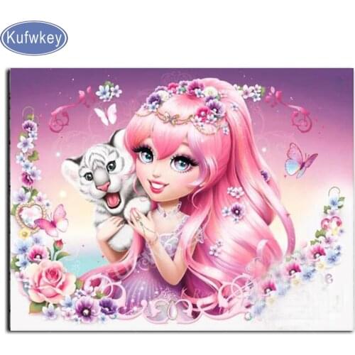 Diamond image,big eye girl and tiger picture of rhinestones embroidery full square round drill diamond painting cross-stitch elf
