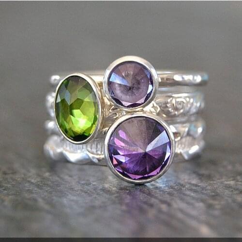 Simple Silver Colorful Round Stone 3 Rings Set Cute Girls Cocktail Ring Size 6-10 Ladies Engagement Party Jewelry Dropship