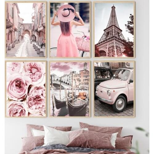 Pink Landscape Paris Tower Flowers Woman Wall Art Canvas Painting Nordic Posters And Prints Wall Pictures For Living Room Decor