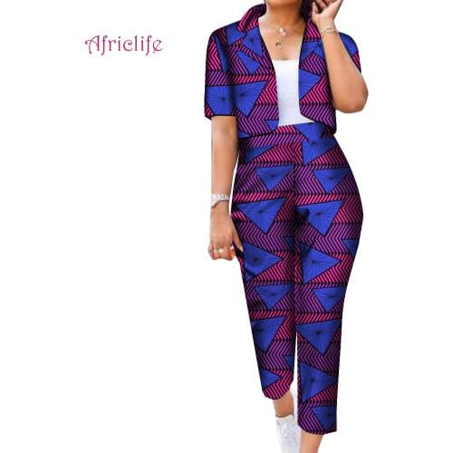 New African Pants Suit Women Streewear Clothes For Lady 100% Cotton Bazin Printed Dashiki T-Shirt And Jeans Custom Size WY1008