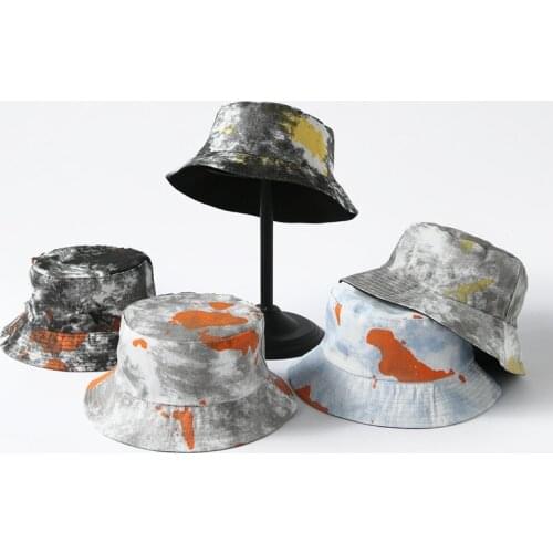 Korean Tie-dye Double-sided Foldable Panama Bucket Cap Washed Denim Bucket Hats Unisex Bob Caps Hip Hop Gorros Men Women Panama