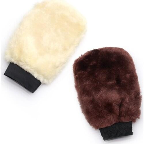 New Artificial Wool Car Washing Glove Mitt Soft Double-Side Fluff Auto Detailing Cloth Beige and Brown