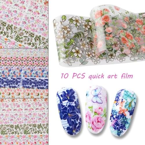 10Pcs 4*20cm Holographic Nail Foil Transfer Set Decal For Nails Stickers Flowers Mix Design Nail art Decoration Wraps Manicure