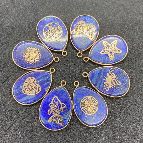 Natural Semi-precious Stone Pendant Drop-shaped Lapis Lazuli Inlaid Metal Piece Single Hole Pendant DIY Necklace Jewelry Making
