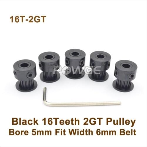 POWGE Black Anodizing 16 Teeth 2GT Synchronous Pulley Bore 5mm For W=6mm 2MGT GT2 Timing Belt 16T 16Teeth GT2 Pulley 16-2GT