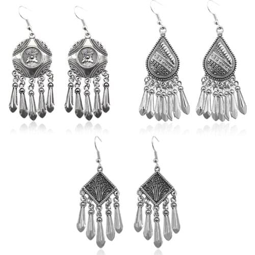 Silvery Geometry Pendant Tassel Earrings Vintage Carved Pattern Water Drops Rhombus Sequin Earring Womens National Wind Jewelry