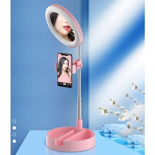 MAMEN Foldable LED Ring Light Desktop Lamp with Makeup Mirror 3500-6000K Photography Lighting for Beauty Live Video Selfie Light