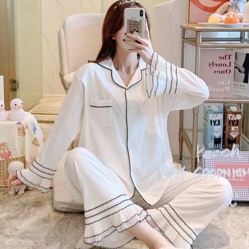 Spring Korean Japan Fashion White Cotton Maternity Nursing Sleepwear Sets Sweet Cute Pajamas For Pregnant Women Pregnancy Home