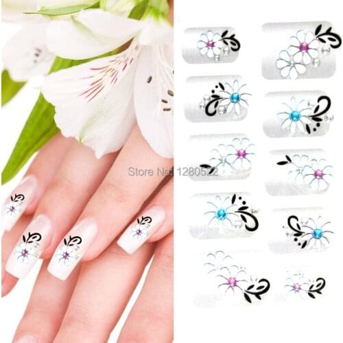 High Quality 24sheet/lot Women Floral 3D Art Nails Stickers Rainestone Manicure Nail Tips Tools Decoration 24 Models Choose