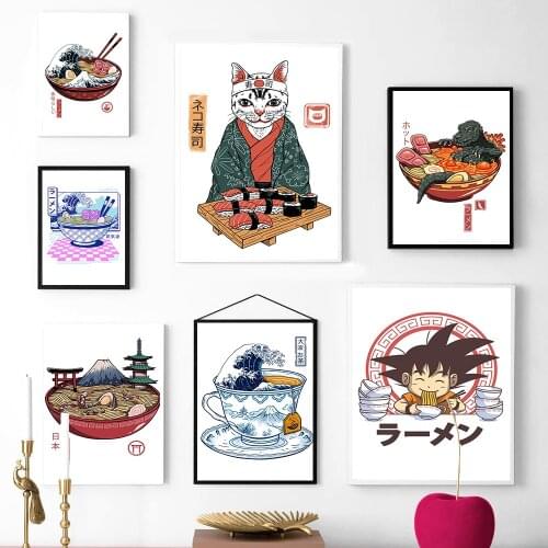 Japanese Samurai Cat Ramen Nostalgia Home Decor HD Quality Cartoon Painting Animal Posters Canvas Picture For Bedroom Wall Art
