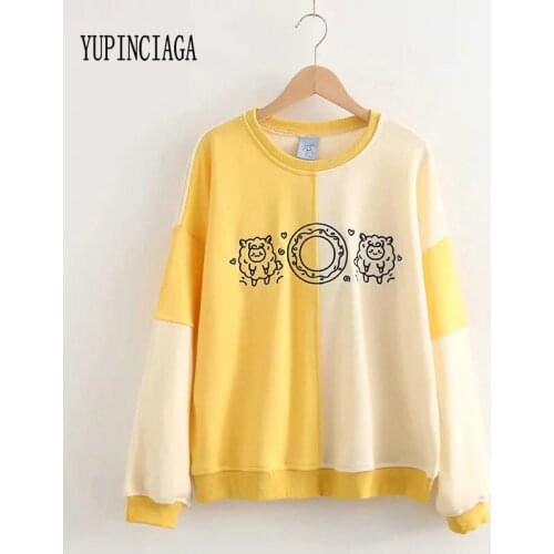 YUPINCIAGA Girlish cartoon circle small sheep embroidery hit color splice loose loose plus velvet long sleeve Women Sweatshirt