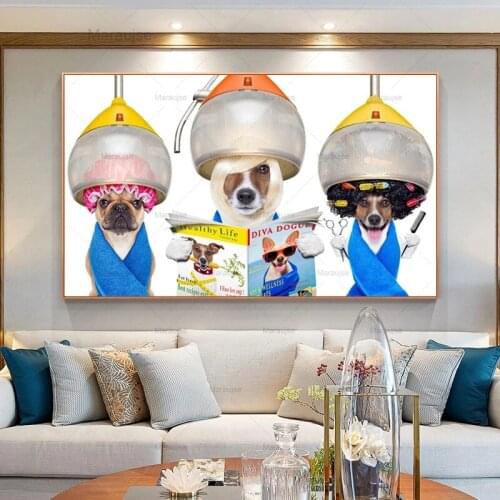 Funny Art Dogs Hairdresser Reading Magazine Canvas Painting Poster Print Cuadros Wall Art For Living Room Home Decor No Frame