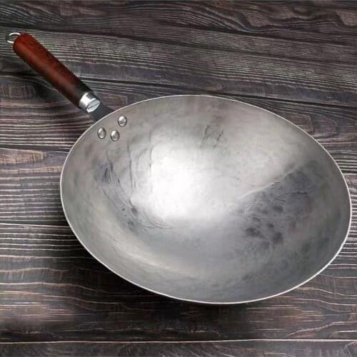 Hand Forging Iron Pan Wooden Handle Pure Iron No Coating Non-stick Wok Chinese Style Iron Pot Gas Cooker 36cm