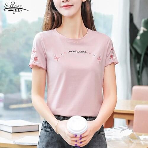 2021 Summer Tops and Tees Women Cotton Short Sleeve Women O- Neck Tshirt Letter Floral Casual Plus Size Ladies T-shirt 8590 50