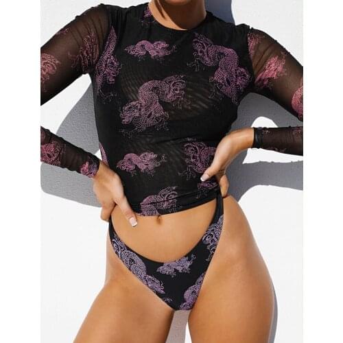 Uclio Womens Dragon Pattern Net Gauze Blouse 3-Piece Womens Split Swimsuit Set
