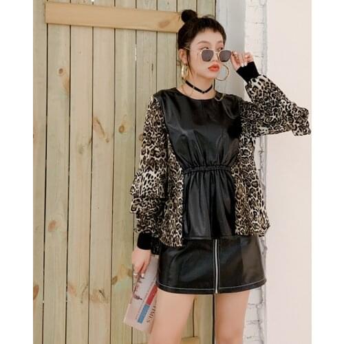 2020 New Autumn Winter Sheepskin Real Leather Spliced Chiffon T-shirts Women Leopard Long Sleeve Tees Ladies Slim Oversize Tops