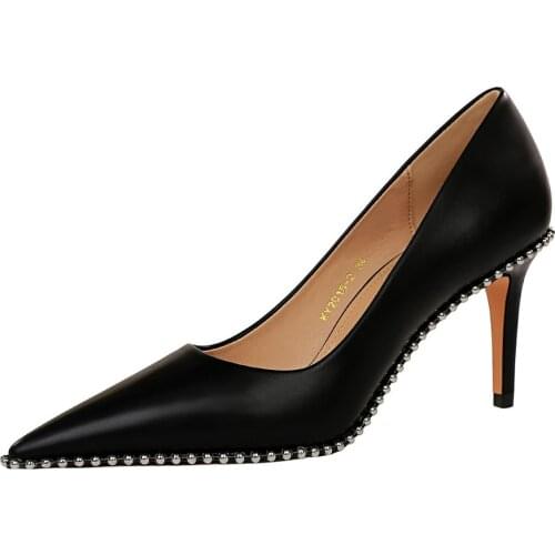 High Heels Shoes Women Pointed Toe Pumps Metal Beads Design PU Leather Ladies Shoes New Arrival