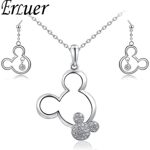 Fashion Kolye Pendante Wedding Bride Children Women Crystal Mickey Rose White Gold Christmas Party Necklace Earring Jewelry Sets