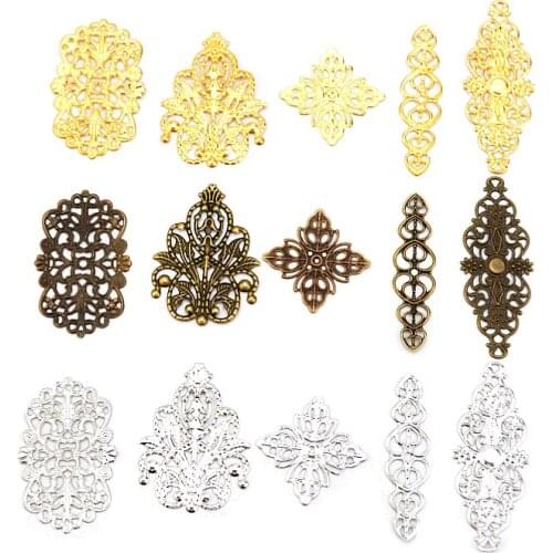 Free shipping 10Pcs Mixed Bronze Tone Filigree Wraps Connectors Metal Crafts Gift Decoration DIY 25x25mm-61x24mm