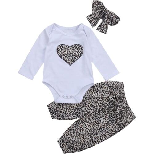 Cute Newborn Baby Girl Leopard printed Clothes Set Kids Romper +Long Floral Pants+Headband 3Pcs Outfit Clothing