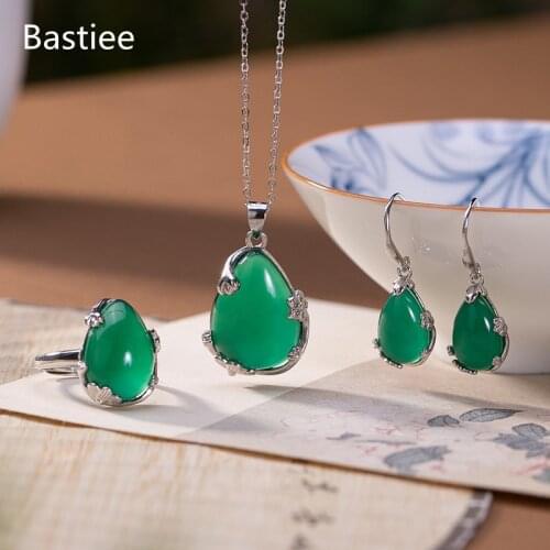 Bastiee Natural Stone Chalcedony 925 Sterling Silver Jewelry Sets For Women Ring Neclace Pendants Drop Earings Waterdrop Gift