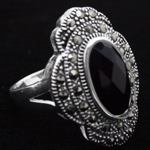 Free shipping 24*16mm Rare 925 Sterling Silver Natural Black Faceted Marcasite Ring Sz 7/8/9/10
