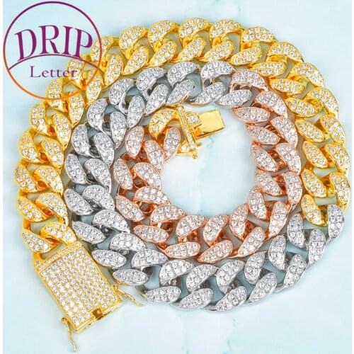 20mm Mixed Color Heavy Miami Cuban Necklace Iced Cubic Zircon Choker Mens Hip Hop Gold Color Jewelry Chain