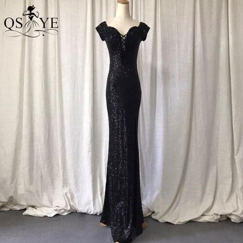 Off the Shoulder Black Evening Dress Sequin Mermaid Long Party Dress Side Sleeves Formal Dress Beading Straps Sexy V Party Dress