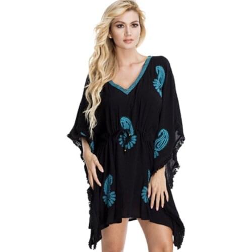 Paisley India Style Mini Dress Embroidery Short Womens Kaftan Beach Cover Up Cotton Tunic Holiday Wear Ladies Loose Resort Wear
