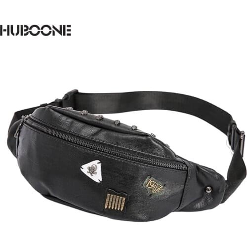 HUBOONE Skull Rivet Badge Waist Bag Men Leather Travel Belt Bag Male Black Waist Packs Fanny Pack Man Hip Hop Chest Phone Pouch