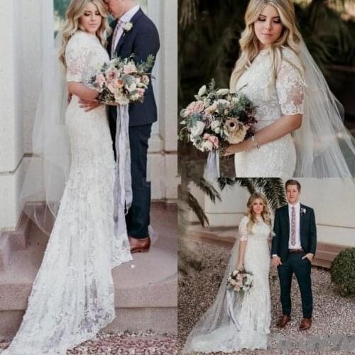 Boho Lace Mermaid Wedding Dresses With Sleeves 2020 robe de mariee Designer Fitted Wedding Gowns Custom Made Formal Bride Dress