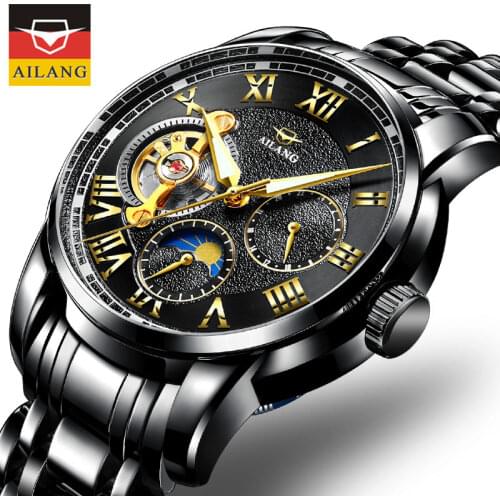 Tourbillon Automatic Mechanical Watches Black Steel Moon Phase Men Watch Sport Business Clock Male Clock Relogio Masculino NEW