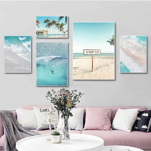 Beach Bus Print Wall Art Canvas Painting Boat Ocean Waves Overhead Picture Nature Scandinavian Nordic Decoration Sandy