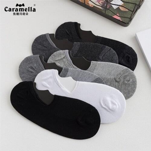 4 Pairs/Lot Caramella Mens Socks Breathable Solid Color Invisible No Show Mesh Cotton Socks Thin
