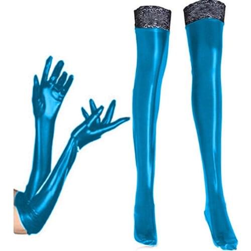 New Arrival Women Faux Leather Sexy Vinyl Thigh Highs Sexy Stockings with Lace 2021 Shiny Fetish Long Gloves Lace Long Stockings