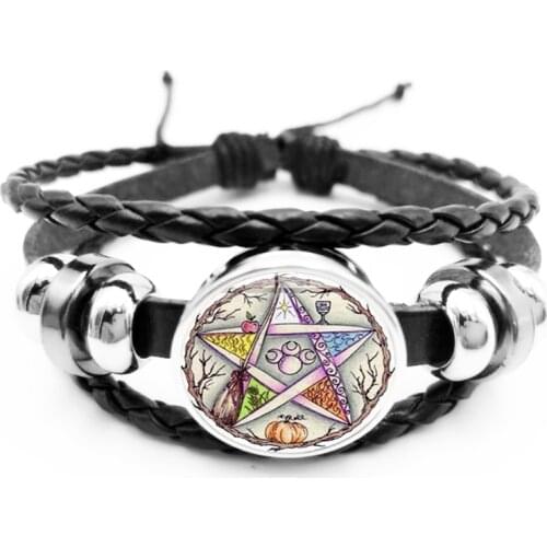 Initial / Esoteric Pentagram Black Leather Bracelet Vintage Wicca Star Tree of Life Crystal Glass Snap Bracelet
