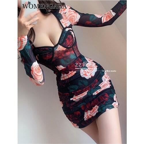 French Korea Nightclub Sexy Sheath Flower Printing Elastic Long Sleeve Mini Dress Women 2021 New Summer Tops Spring Dresses TUAA