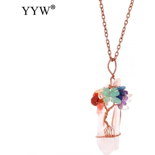 YYW Natural White Crystal Big Pendant Reiki Chakra Tree of Life Rose Gold Color Handmade Wire Wrapped Pendant for Necklace