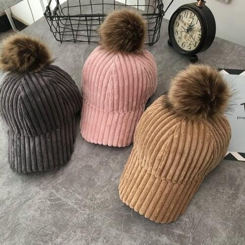 Warm Corduroy Baseball Caps Thick Hat For Women Casual Travel Dad Hat With Faux Fur Pompom For Winter Autumn Outdoor