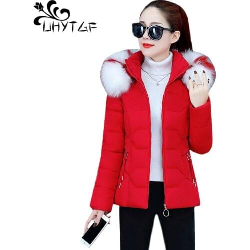 UHYTGF Winter Jacket Women Solid Color Hooded Down Cotton Coat Fur Collar Thicken Short Parker Outerwear Slim Plus Size Top 1312