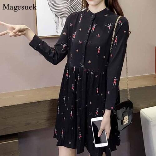 2020 spring long sleeve print chiffon dress Fashion woman dresses women plus size Empire Button Pleated women dress 2186 50