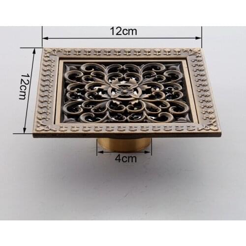 Vidric Shower Drains Square Bath Drains Strainer Hair Antique Brass Art Carved Bathroom Floor Drain Waste Grate Drain 12*12cm