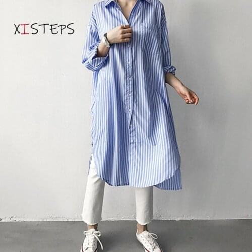 Lazy Style Women Long Shirts Loose Female Extra Long Shirts Dress Ladies Striped Oversized Robe 2021 Autumn New Dresses