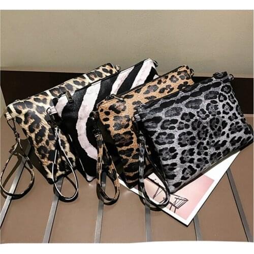 Lady Brown Leopard Wristlet Clutch Purse Zebra Printed Message Bag PU Leather Black Cheetah Chain Crossbody Shoulder Bag