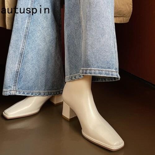 Autuspin Winter White Ankel Boots Women Fashion Solid Color Genuine Leather High Heels Boot Ladies Party Working Shoes Handmade