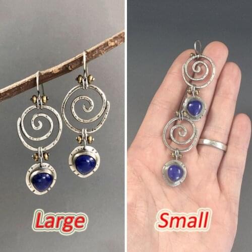 Tribal Whirl Metal Navy Blue Stone Dangle Earrings Gypsy Jewelry Hollow Spiral Water Drop Hanging Earrings for Women