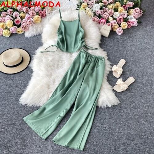 ALPHALMODA 2021 Summer New Sleeveless Rushed Sling Top + Wide Leg Split Pants Women Fashion 2pcs Suit Solid Color Glossy Set