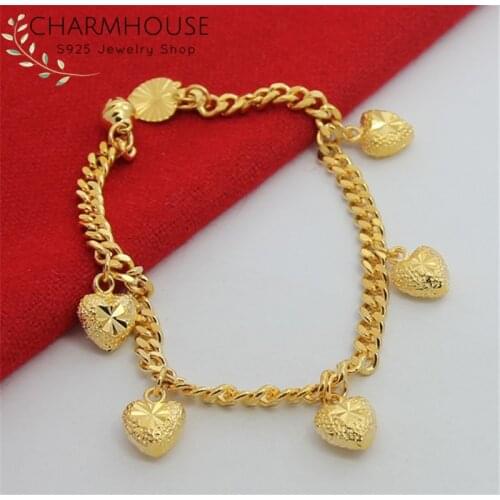 Charmhouse Yellow Gold Color GP Bracelets for Women 5 Heart Charm Bracelet & Bangles Wristband Wedding Bridal Jewelry Gifts